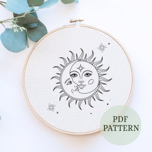 Digital PDF pattern - Crescent Moon and Sun Hand Embroidery Pattern (PDF modern hand embroidery pattern), beginner embroidery pattern