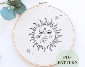 Crescent Moon and Sun Embroidery Pattern: Beginner friendly, modern craft (PDF Pattern)