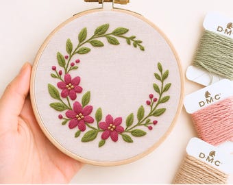 Floral Wreath Hand Embroidery Pattern: Flowers and leaves, Instant Download, Beginners friendly