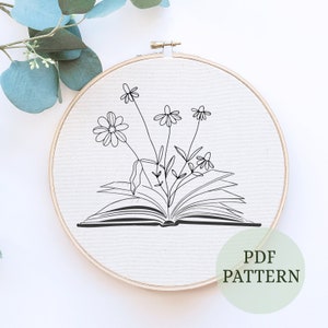 Floral Book Hand Embroidery, PDF Downloadable Pattern, Instant Download, Embroidery Hoop Art, Garden Embroidery Design, Booklover Gifts