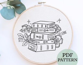 Books and Flowers Embroidery Pattern: Reading Nook Decor (PDF Pattern)