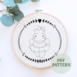 Hippo embroidery designs - Ballerina embroidery design hand embroidery pattern - Baby girl embroidery file - instant digital download