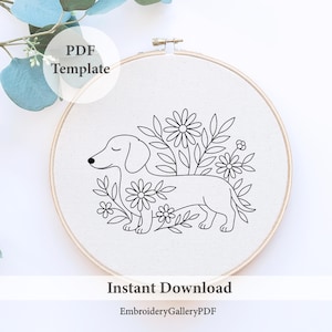 Floral dachshund embroidery pattern, floral dog hand embroidery template, cute pet hoop art, instant download, cottagecore stitching design