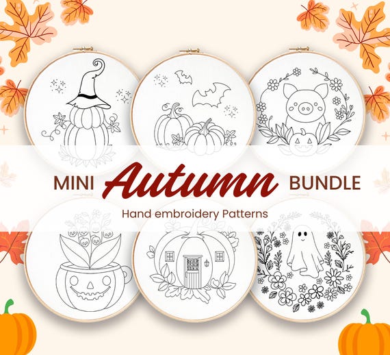 Autumn Embroidery Pattern Bundle: Halloween Designs, modern craft (PDF)