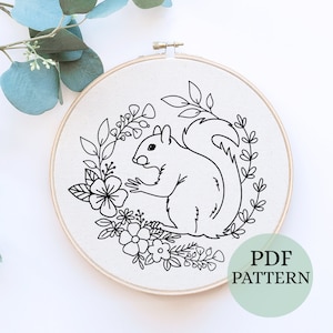 Squirrel hand embroidery pattern, Thread painting DIY, Autumn Embroidery, PDF pattern, Simple Whimsical Animal Embroidery for Nursery decor