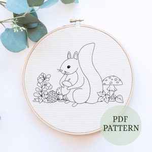 Squirrel hand embroidery pattern, Thread painting DIY, Autumn Embroidery, PDF pattern, Simple Whimsical Animal Embroidery for Nursery decor