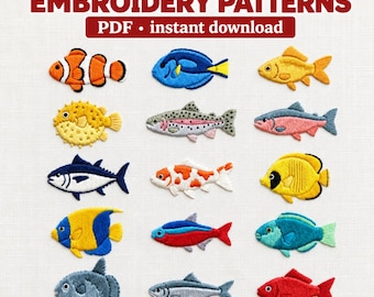 Mini Fish Embroidery Patterns PDF, 15 Hand Stitch Designs for Beginners, Koi Clownfish Trout Salmon Pufferfish, Instant Download