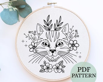 Cat Embroidery Pattern, Beginner Embroidery, DIY Nature Embroidery, Beginners Crafts, Easy Embroidery Pattern, Hand Embroidery, Nursery Art