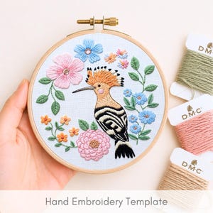 Hoopoe Bird Hand Embroidery Pattern Romantic Hoop Art Design Nature Inspired Embroidery