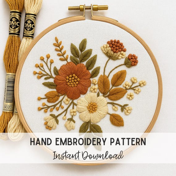 秋のブーケ刺繍パターン：秋の花柄手縫いテンプレート（PDF