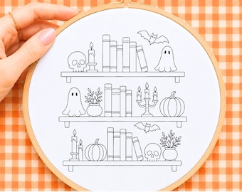 Halloween Bookshelves Embroidery Pattern, Gothic Book Lover Design Spooky Bookshelf Embroidery Pattern Halloween Hand Embroidery Design
