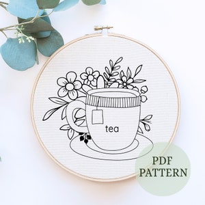 Hand Embroidery Pattern, Beginner Embroidery. PDF embroidery pattern, tea Embroidery pattern, neutral floral embroidery, tea cup design