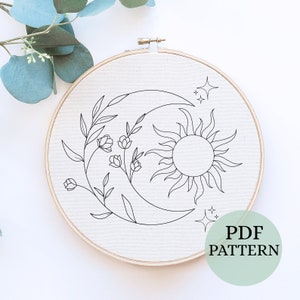 Sun and Moon Embroidery, PDF Pattern Download, Embroidery Pattern, Witch Embroidery Design, Celestial Embroidery, Hand embroidery, Celestial