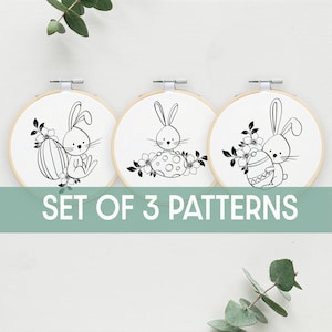Set of 3 PDF Embroidery, bunnies and flowers pattern, Instant Digital Download, Modern Embroidery, Eastern Hoop design, Spring time floral