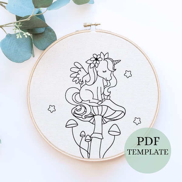 Magic Unicorn Embroidery Pattern, Hand Embroidery, PDF Pattern, Unicorn Crafts, Hand Embroidery template,DIY magic mushroom, kids room decor