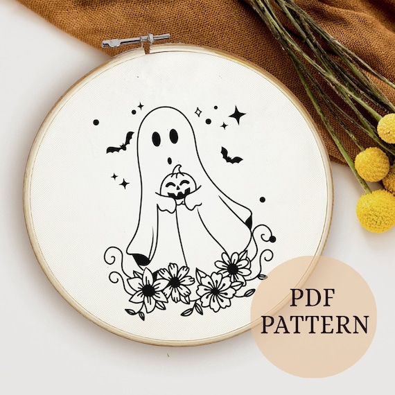 Floral Ghost Hand Embroidery Pattern: Spooky Halloween Art (PDF Pattern)