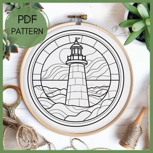 Lighthouse embroidery pattern, handmade crafts, easy crafts, stained glass style, landscape Embroidery design, hand embroidery pattern