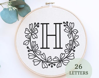Floral Initial Hand Embroidery Pattern, 26 monograms, Digital PDF Pattern, Alphabet Letters, All Letters Included, Nursery Gift, babyshower