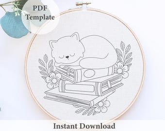 Motif floral de broderie à la main chat et livres (téléchargement numérique)