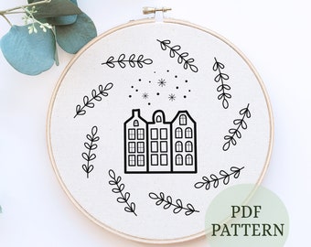 Little Village Christmas Ornament Embroidery / Digital Hand Embroidery Pattern / Embroidery PDF / Minimalist House Unique Beginner, Winter