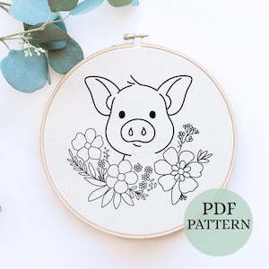 Pig Flowers Hand Embroidery Pattern, DIY (PDF Pattern)