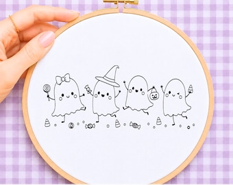 Trick or Treating Ghosts Halloween Embroidery Pattern Ghost Hand Embroidery Design Cute Trick Or Treat Ghosts PDF Download Template Autumn