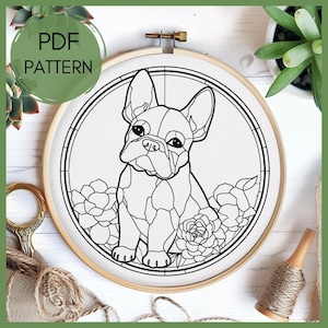 Bulldog Hand Embroidery design, hand embroidery pattern, hand embroidery, dog lovers gift, handmade crafts, easy crafts, stained glass style
