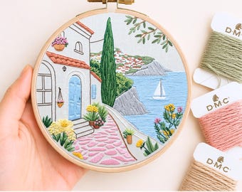 Positano Embroidery Pattern PDF Digital Download Hand Embroidery Hoop Art Beginner Friendly Italian Villa Coastal Art Printable Needlework