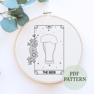 タロットカードの刺繍パターン、ビールの刺繍デザイン、DIYカクテル、ドリンクの刺繍、ビール愛好家の刺繍、初心者向け、フープアート