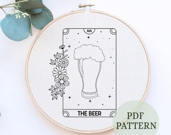 Tarot Card Embroidery Pattern, The Beer Embroidery Design, DIY Cocktail, Drink Embroidery,Beer lover Embroidery, Beginner friendly, Hoop art