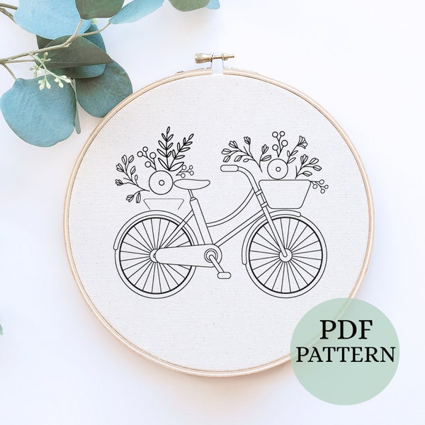 Bicycle Embroidery Pattern, Spring Embroidery, Floral Bike Embroidery Pattern, spring Embroidery PDF, bike with Flowers, Easy Floral Pattern