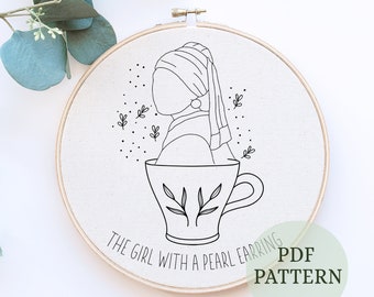 Pode incluir: Um bastidor de bordado a preto e branco com um desenho a traço de A Rapariga com o Brinco de Pérola dentro de uma chávena de chá. O texto "THE GIRL WITH A PEARL EARRING PDF PATTERN" está impresso na parte inferior. O bastidor está sobre um fundo branco.