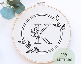 Alphabet monogram embroidery pattern, modern embroidery pattern, Floral Initial 26 letters, Floral Monogram Begginer Hand Embroidery Pattern