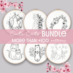 May include: A set of six embroidery hoop designs featuring cute cats with floral accents. The text "Cute Cats Bundle MORE THAN +100 patterns" is displayed on a pink banner.