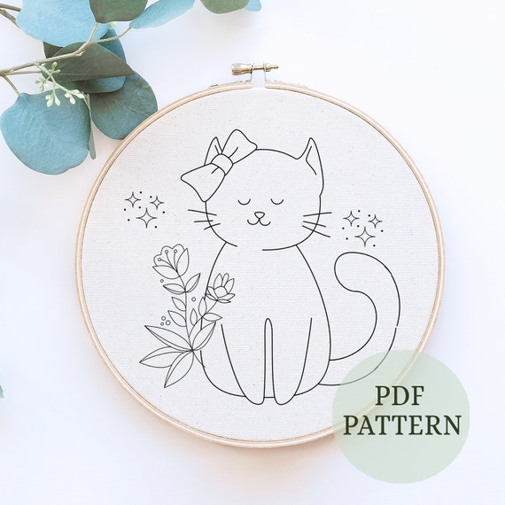 Hand Embroidery Kit Black Cat Design DIY Craft Cute Kitten Pattern