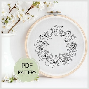 Strawberries wreath, embroidery pattern, garden hand embroidery pattern, digital PDF beginner hand embroidery pattern, Pattern Floral Hoop