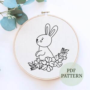 Floral Bunny, Hand Embroidery PDF Pattern,  Instand Download, Hand Embroidery Design, Nursery Art, Needlecraft design, kids room decor
