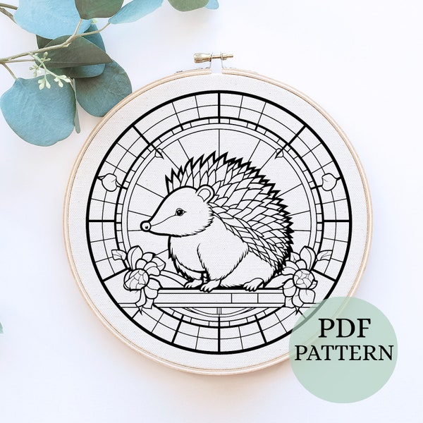 Hedgehog Stained Glass Design for Embroider, animal design, wall art, PDF file, hedgehog embroidery, Stained Glass Pattern, Stained Glass