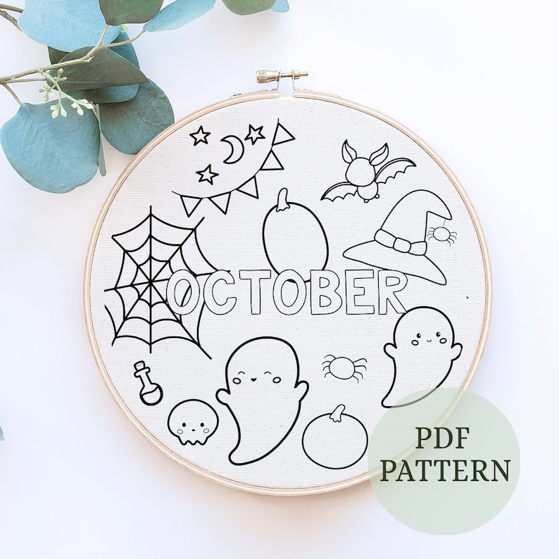 Octobe Rpatterns October Hand Embroidery Pattern Set: Halloween Designs, Instant ...