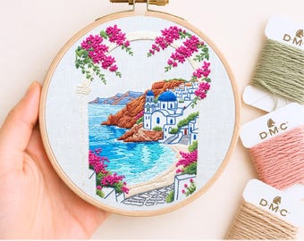 Santorini Embroidery Pattern PDF Digital Download Hand Embroidery Hoop Art Beginner Friendly Greek Island Blue Dome Wall Art Needlework