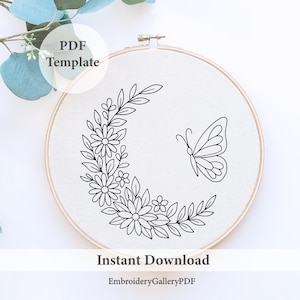 Modello di ricamo a farfalla, modello di farfalla floreale, disegno a punto ghirlanda, arte del telaio naturale, file digitale, decorazione da giardino, modello moderno