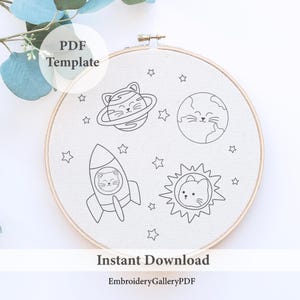 Galaxy cats embroidery, Whimsical Cat Astronaut Embroidery art, Cartoon Space Cat Design, PDF pattern, Hand Stitching, embroidery Template