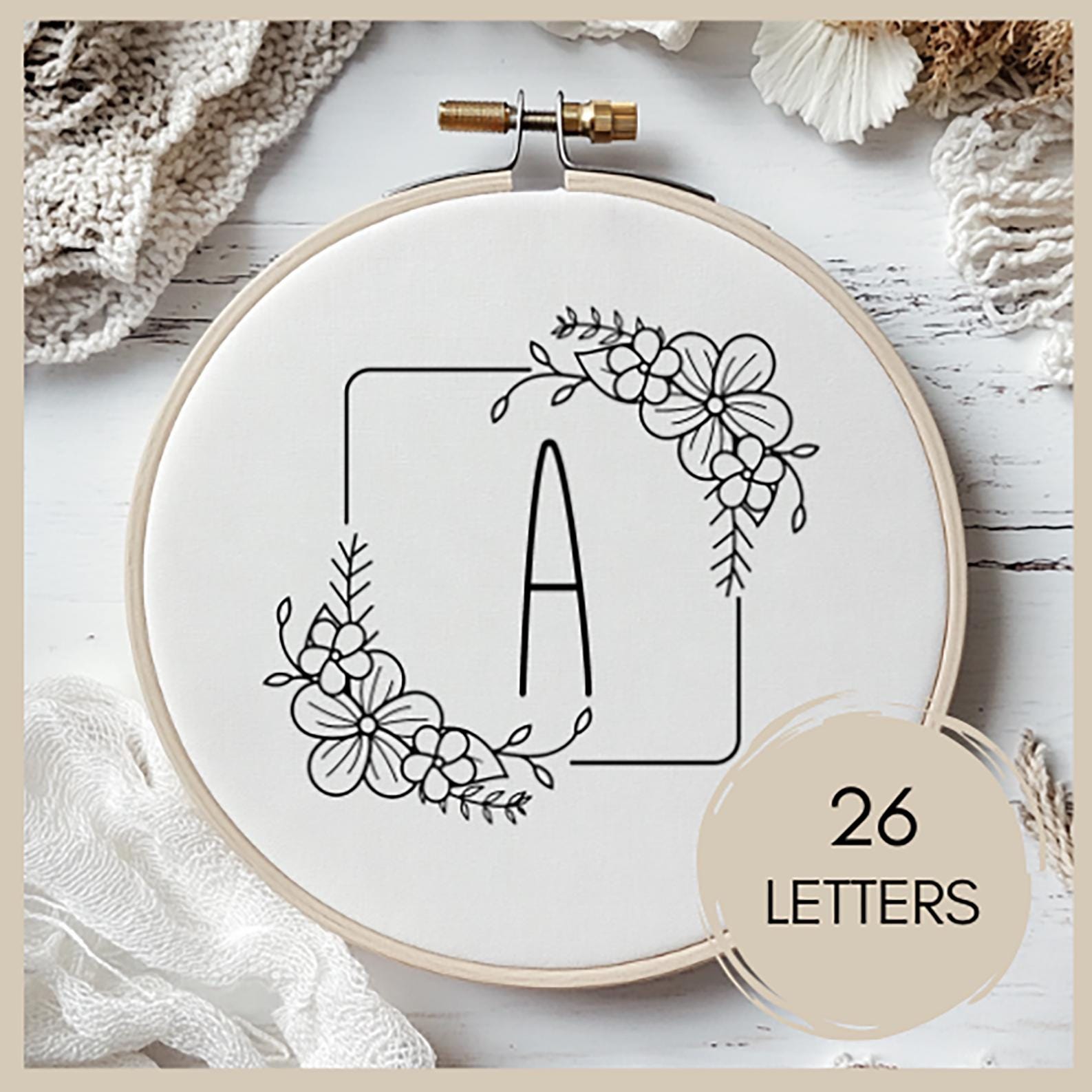 花柄アルファベット刺繍パターン：26文字モノグラム、クリエイティブ