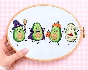 Halloween Avocado Embroidery Pattern PDF Digital Download Costume Parade Beginner Friendly Hoop Art Wall Decor Trios Character Designs Group