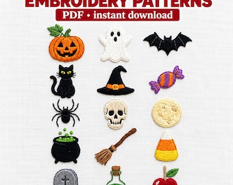 15 Mini Halloween Hand Embroidery Patterns PDF Cute Ghost Pumpkin Bat Black Cat Candy Corn Spooky Season Icons Bundle Digital Download
