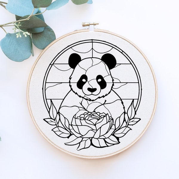 Panda Embroidery Pattern, Floral Hand Embroidery, Bear Embroidery Pattern, Stained Glass design, Instant Download, Hoop art, DIY Embroidery