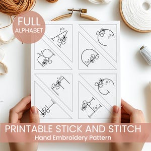 May include: Printable stick and stitch embroidery pattern for the full alphabet. Each letter is designed with a simple floral motif and is presented on a white background.