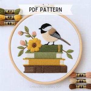 Bird on Books Embroidery Pattern: DIY Floral Hoop Design (PDF Pattern)