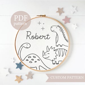 Lindo dinosaurio bordado, patrón de bordado personalizado, apto para principiantes, patrón de guardería, nombre personalizado, bordado para recién nacidos, regalo hecho a mano DIY