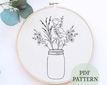 Dried Flowers Bouquet embroidery pattern, pdf pattern, beginner embroidery pattern pdf, flower pattern for beginners, handstitched art, hoop